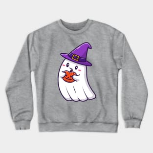 Cute Witch Ghost Holding Pumpkin Halloween Cartoon Crewneck Sweatshirt